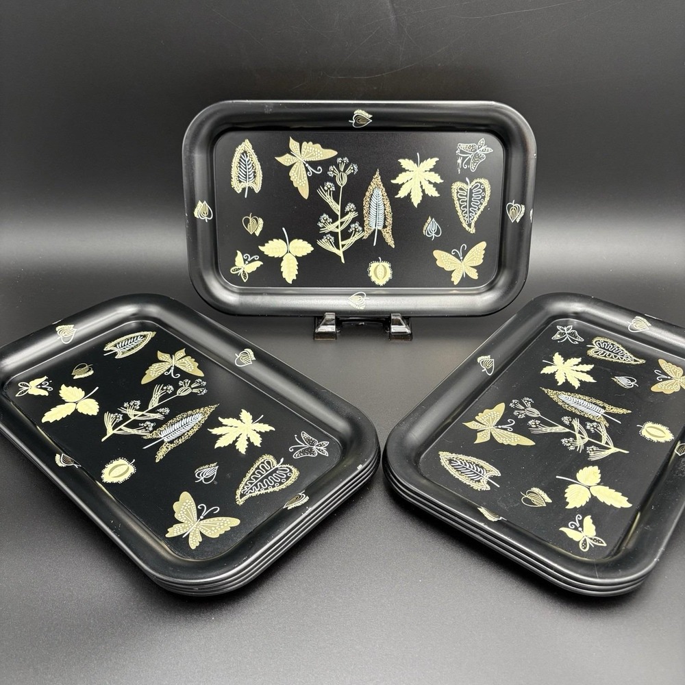 MCM Metal Trays Serving Platters  Butterflies Leaves Flowers Black Gold 1960 8pc
